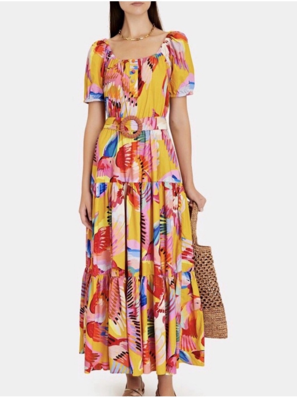 NEW Farm Rio Neon Macaws Maxi Dress Size XL Tiered Tropical Puff Sleeves Belted